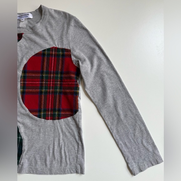 Vintage COMME DES GARCONS Gray Long Sleeve T Shirt with Round Plaid Patchwork -M - Picture 4 of 11
